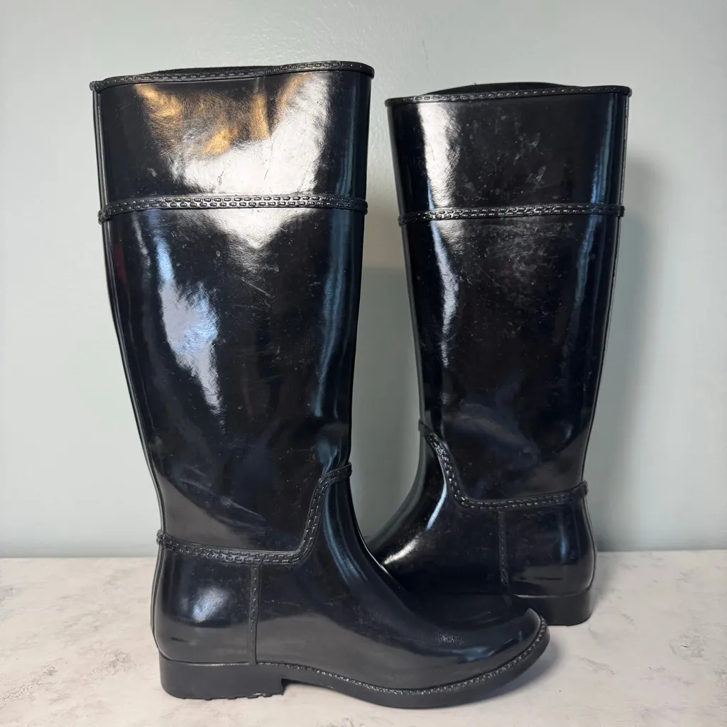 Michael Kors Stockard Gloss Logo Tall Rain Boots Size 7 Black Gold - Image 4