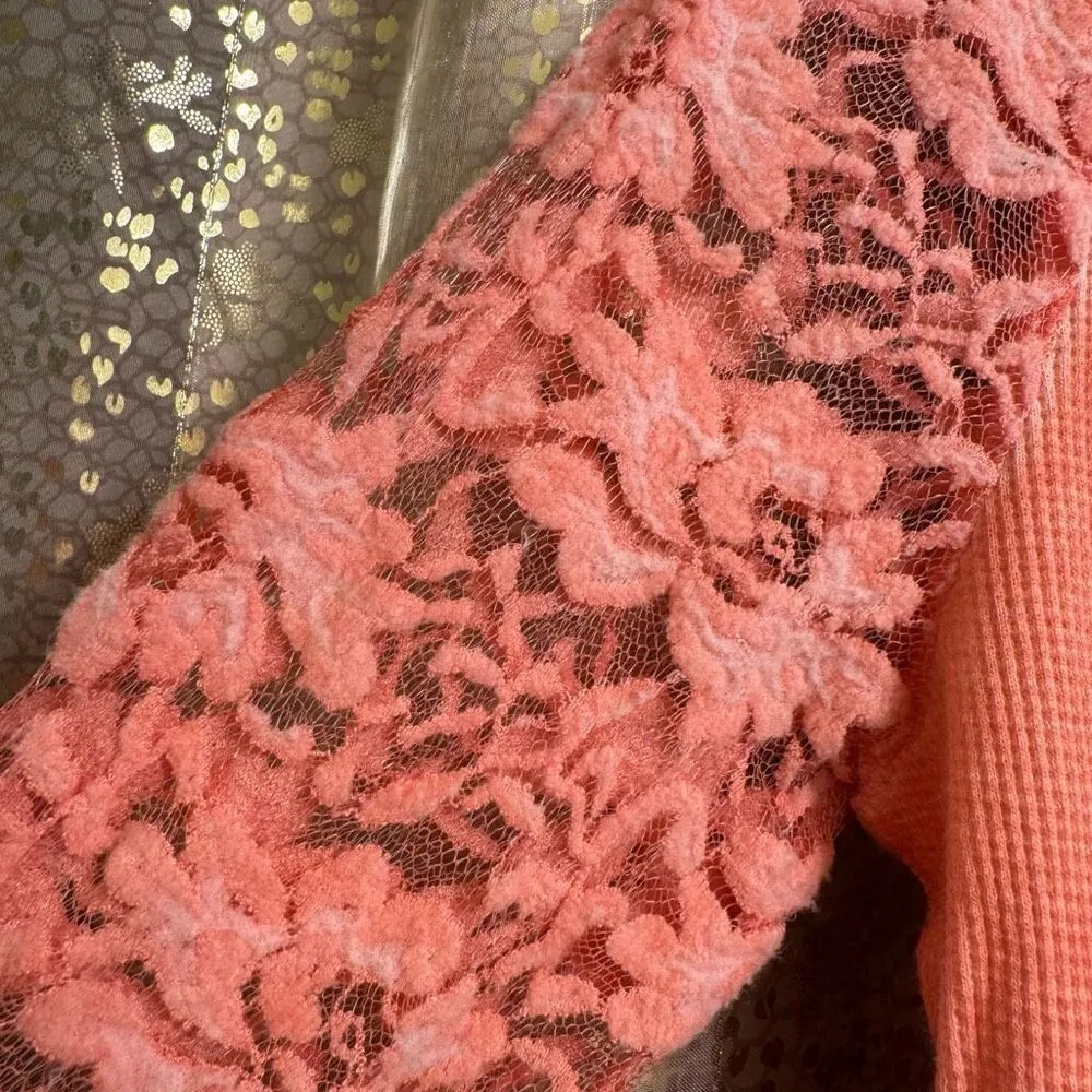 Others Follow Coral Orange Lace Sleeve Waffle Knit Boho‎ Long Sleeve Top Medium - Image 4