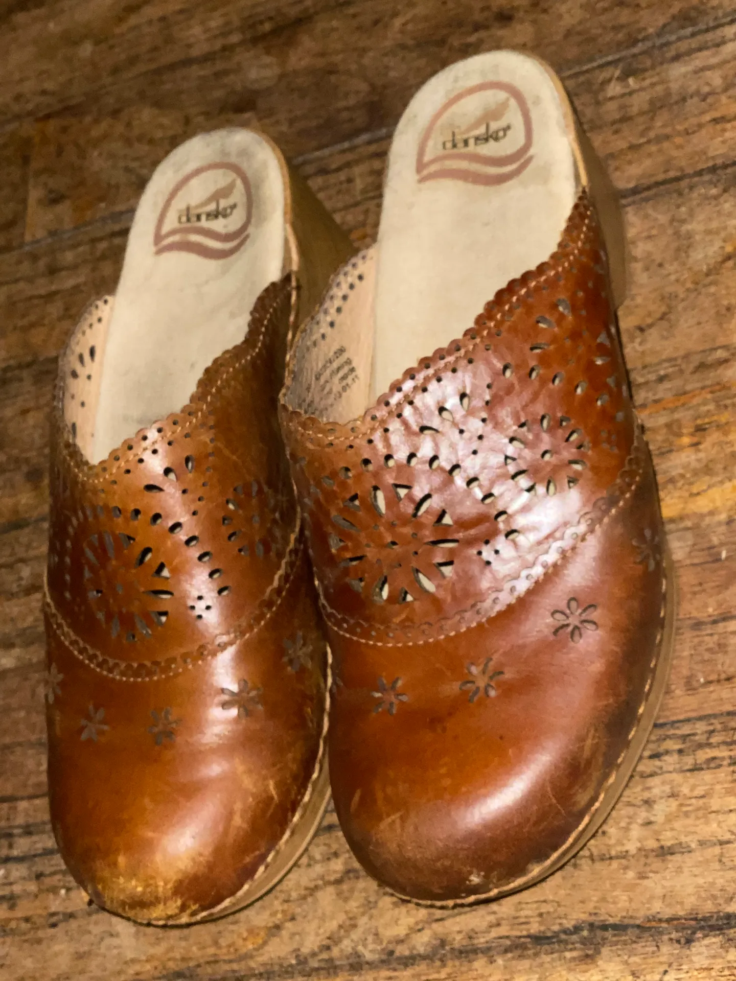 Dansko Skylar Laser Cut Out Brown Leather Mules Clogs - Image 5