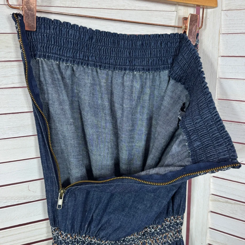 Poetry Boho Smocked Strapless Wide Leg Chambray Jumpsuit Denim Blue Small - Image 10
