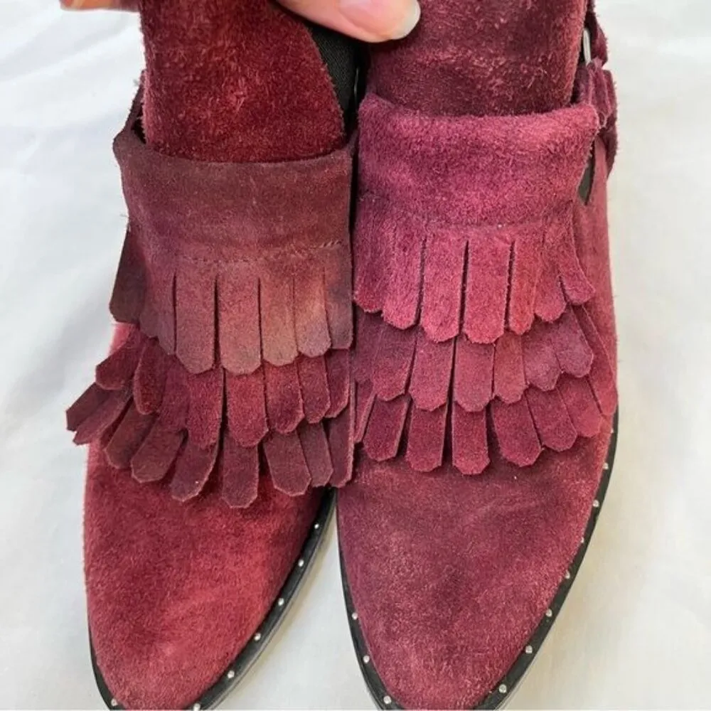 Freda Salvador Burgundy Suede Fringe Chelsea Western Buckle Ankle Boots size 7 Red - Image 5