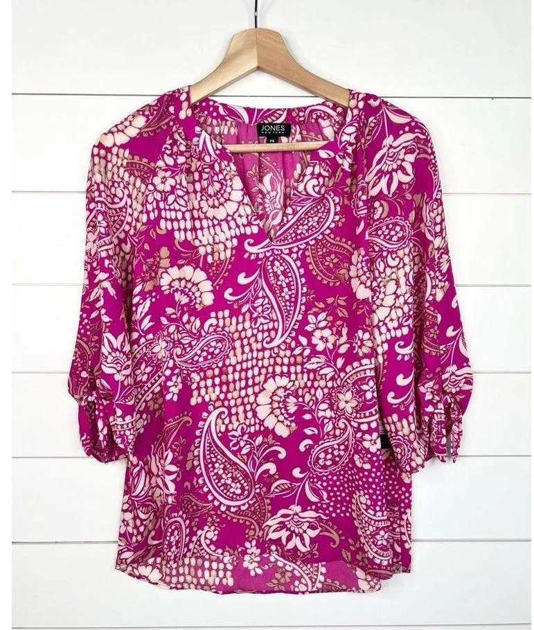 Jones New York Orchard Beige Paisley Print VNeck 3/4 Sleeve Blouse Petite Small - Image 2
