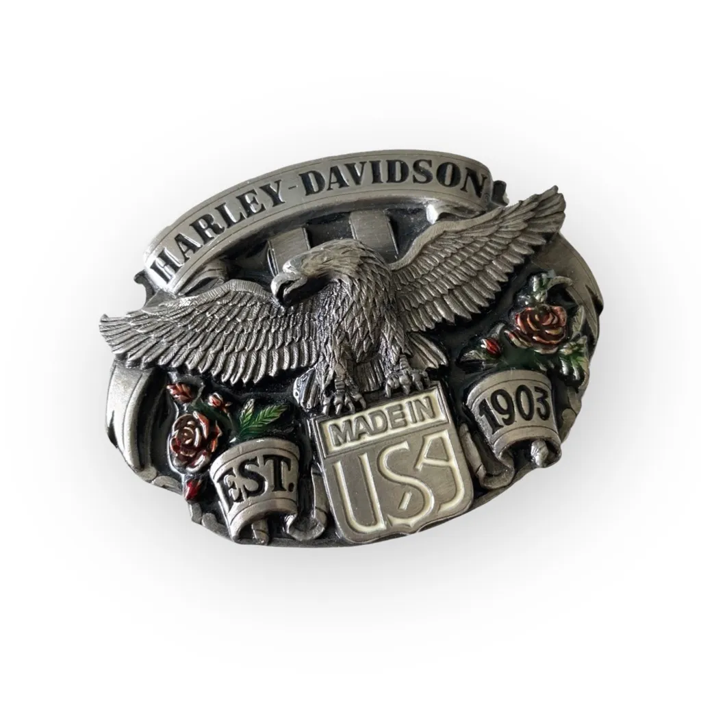 Vintage: Harley Davidson x Harmony Designs ©️1989 ☻ Eagle Rose Metal Belt Buckle Silver - Image 3
