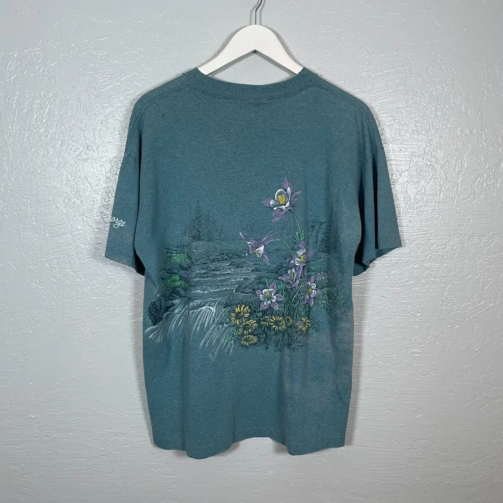 Vintage Signal Sport Unisex XL Blue Lake George Shirt Floral Hummingbird - Image 6