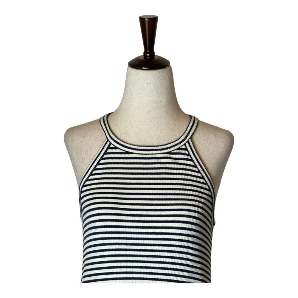 Madewell Ivory And Blue‎ Striped Halter Neck Fit And Flare Mini Dress Size XS - Image 5