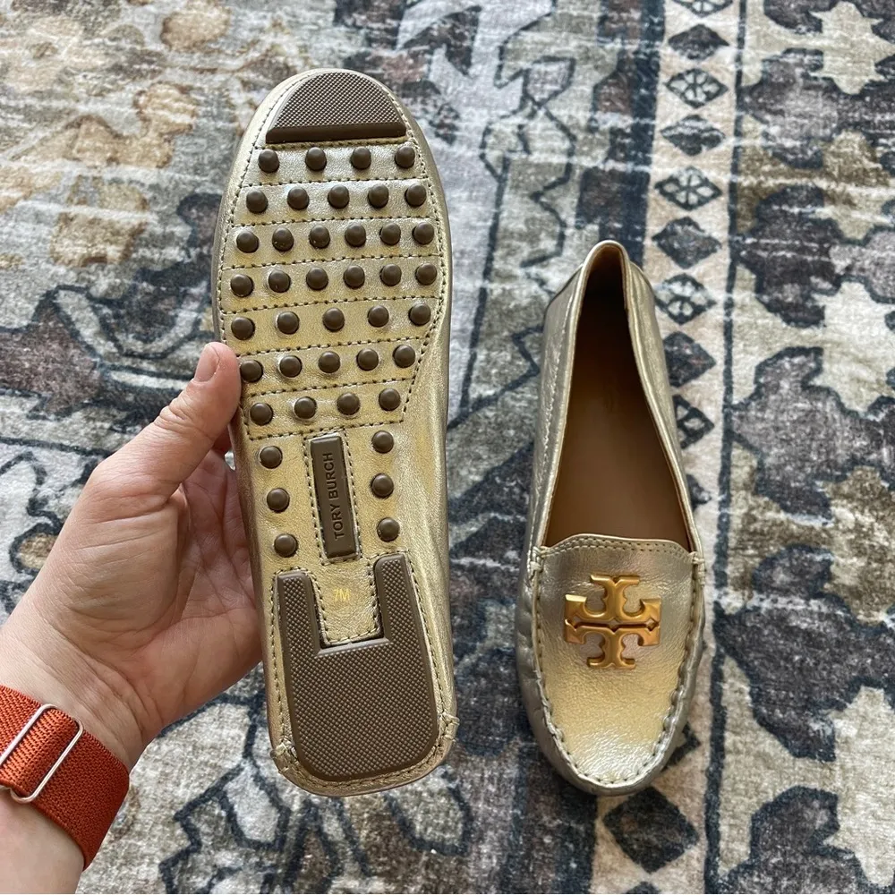 NWOB Tory Burch Everly Driver Metallic Gold Loafers Leather - Image 6