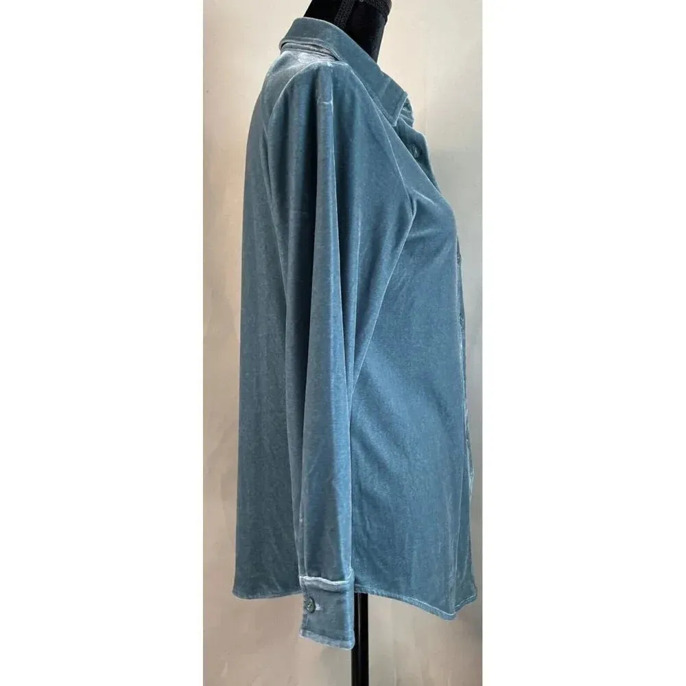 Soft Surroundings Sea Foam Green Velvet Boyfriend Top Button Long Sleeve PXS NEW - Image 3