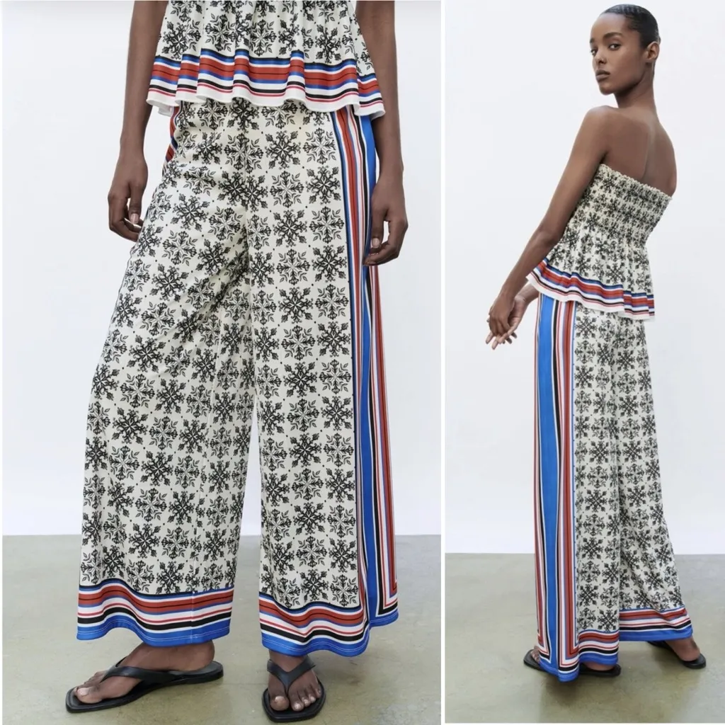 Zara Wide Leg High Waist Palazzo Scarf Print Flowing Trousers Moroccan Tile Smll - Image 2