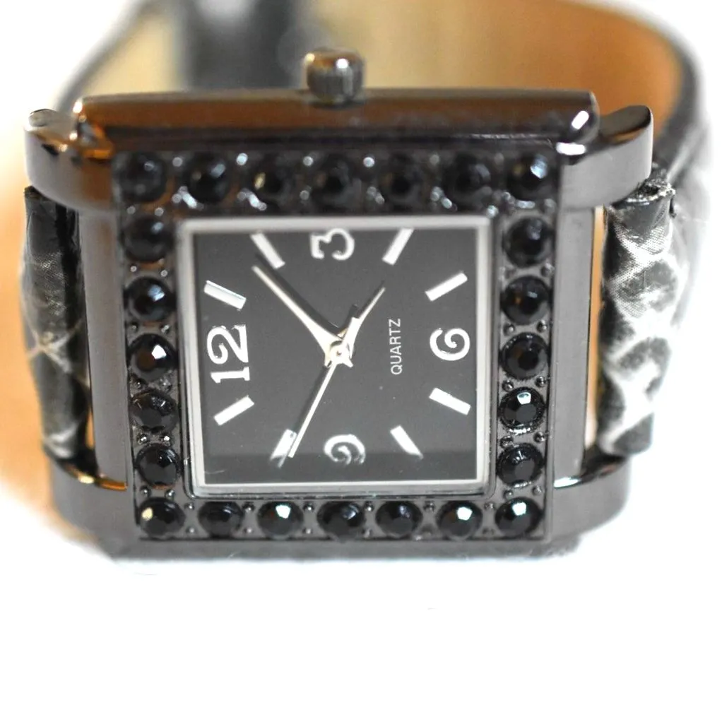 Rare Moulin Vintage Black Rhinestone Accent Faux Snake Skin Band Fashion Watch - Image 2