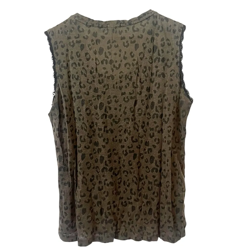 Rails Olive Leopard Print‎ Linen Blend Sleeveless Top Lace Trim Size Medium - Image 2