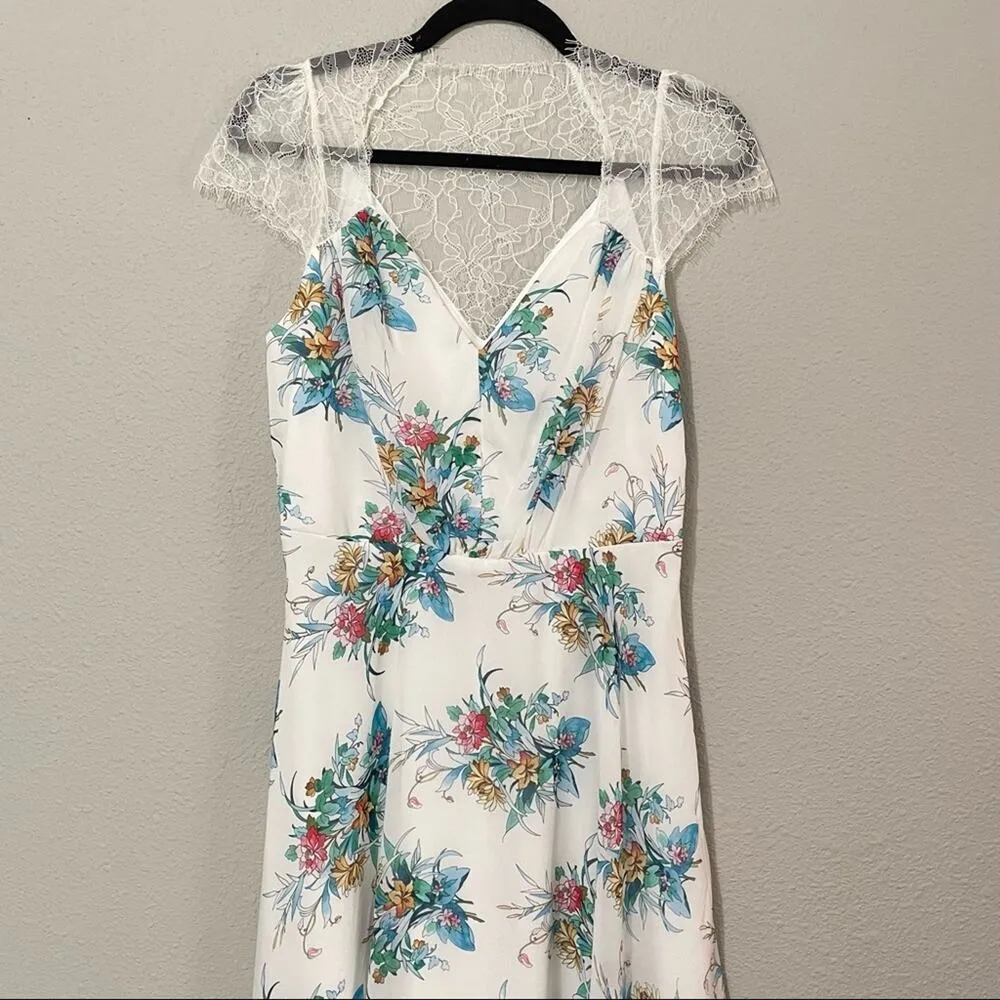 ASOS White Floral Print Knee Length Lace Shoulder Dress Womens 6 Tropical Vaca - Image 2