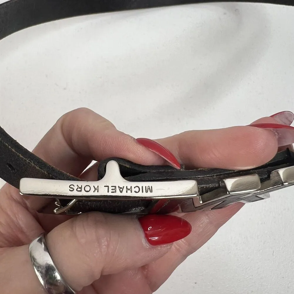 Michael Kors Size M Belt Black Brushed Leather Distressed Adjustable Silver Tone - Image 4