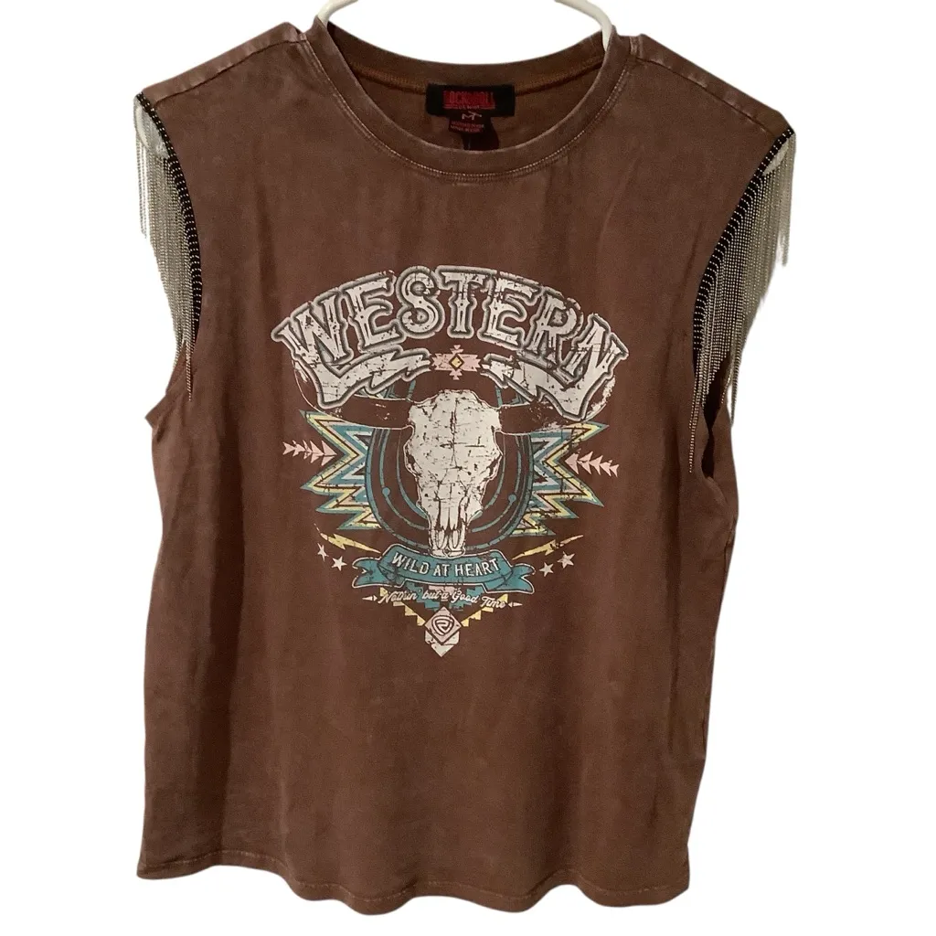 Boot Barn Rock & Roll Denim Women’s Chain Fringe Top BRAND NEW W/TAG. Size M Brown Size M - Image 6