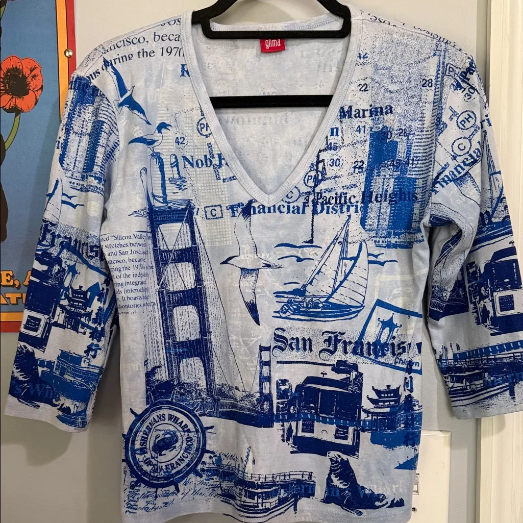Glima Y2K Blue San Francisco Cityscape Graphic Print Women's Top NWOT Size L - Image 12