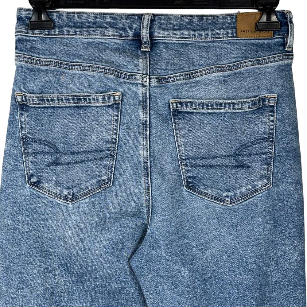 American Eagle SZ 8 LONG Mom Jeans Strigid Distressed Rips Hi-Rise Zip-Fly Blue - Image 5