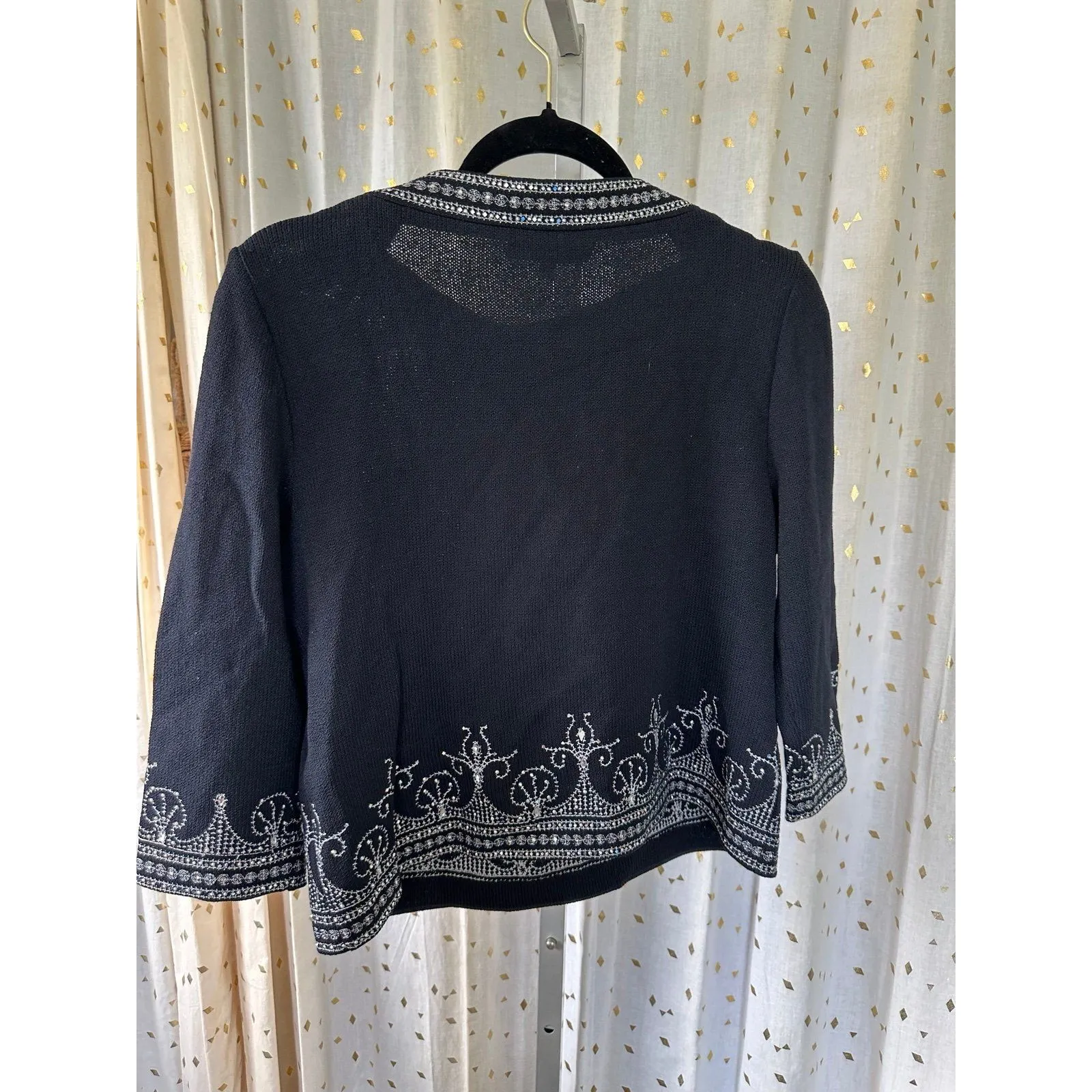 St. John Evening Jeweled Embroidered Black Cropped Bateau Neck Knit Sweater 6 - Image 4