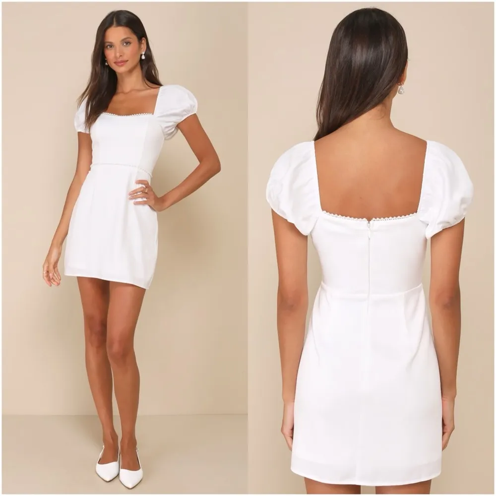 LULU’S Adorable Poise White Pearl Puff Sleeve Mini Dress - Image 3