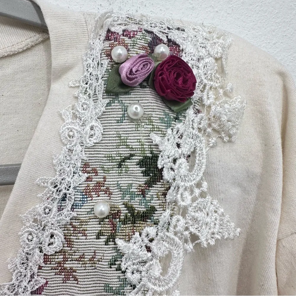 Vintage‎ Paris Sport Club 90s Floral Rose Lace V Neck Tunic Cream NWT Feminine Pink Size M - Image 3