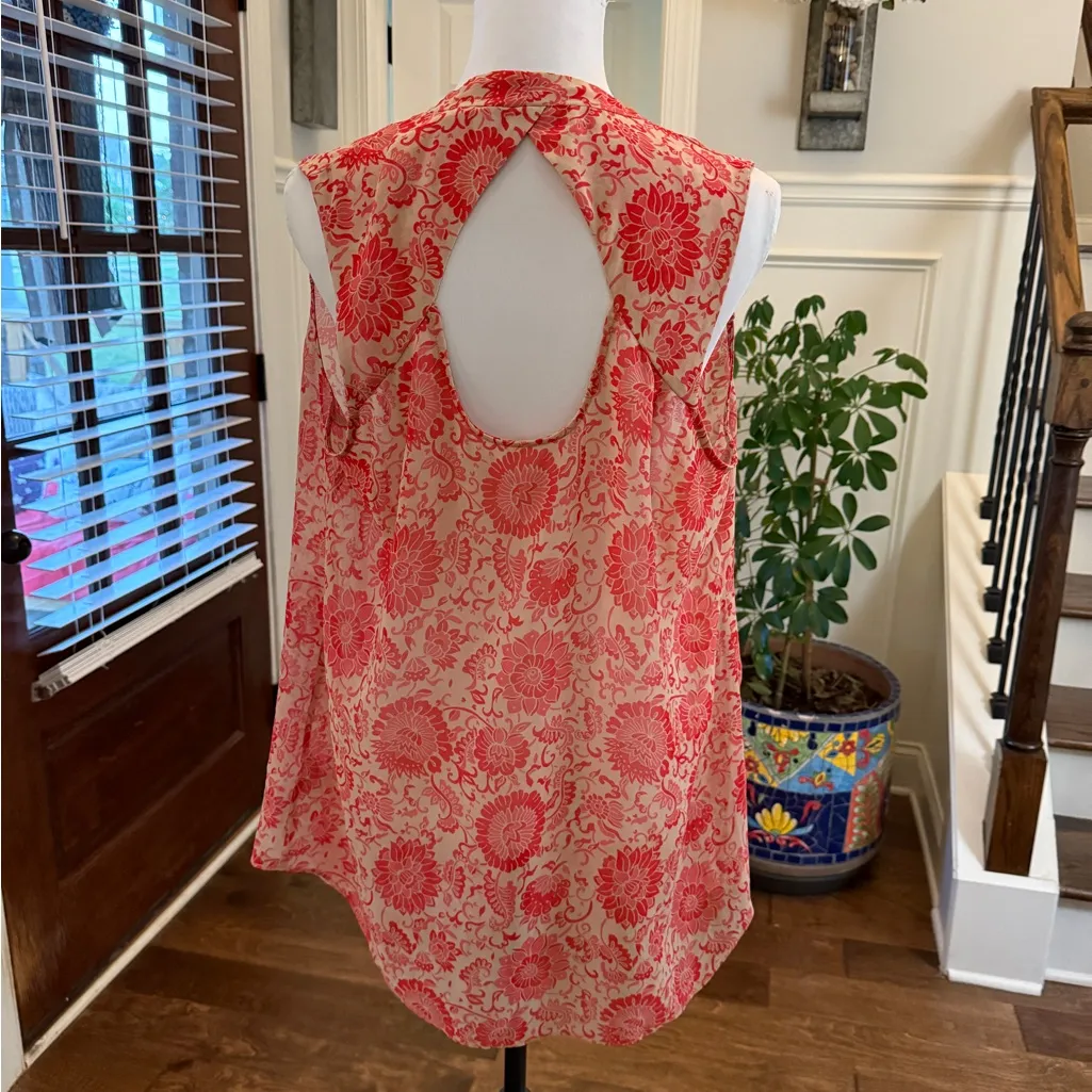 CAbi NWOT Coral Semi Sheer Cut Out Back Cowl Neck Floral Sleeveless Blouse - Image 2