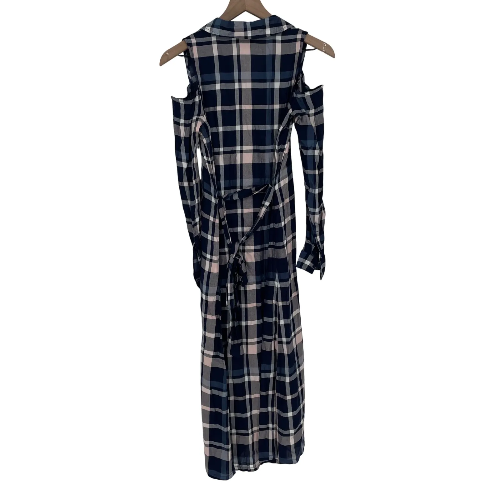 Maison Jules Plaid Cold Shoulder Maxi Shirt Dress Navy Pink Blue XS Tie Waist - Image 4