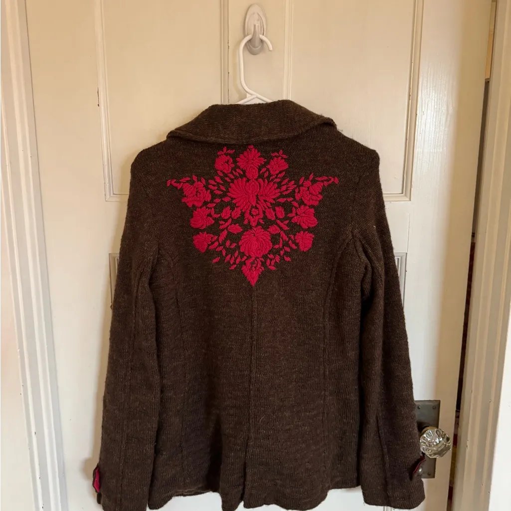 Free People brown floral embroidered back wool jacket size small - Image 2