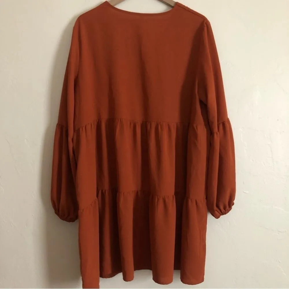 Amoretu Burnt Orange Tunic Tiered Latern Sleeves V - Image 5
