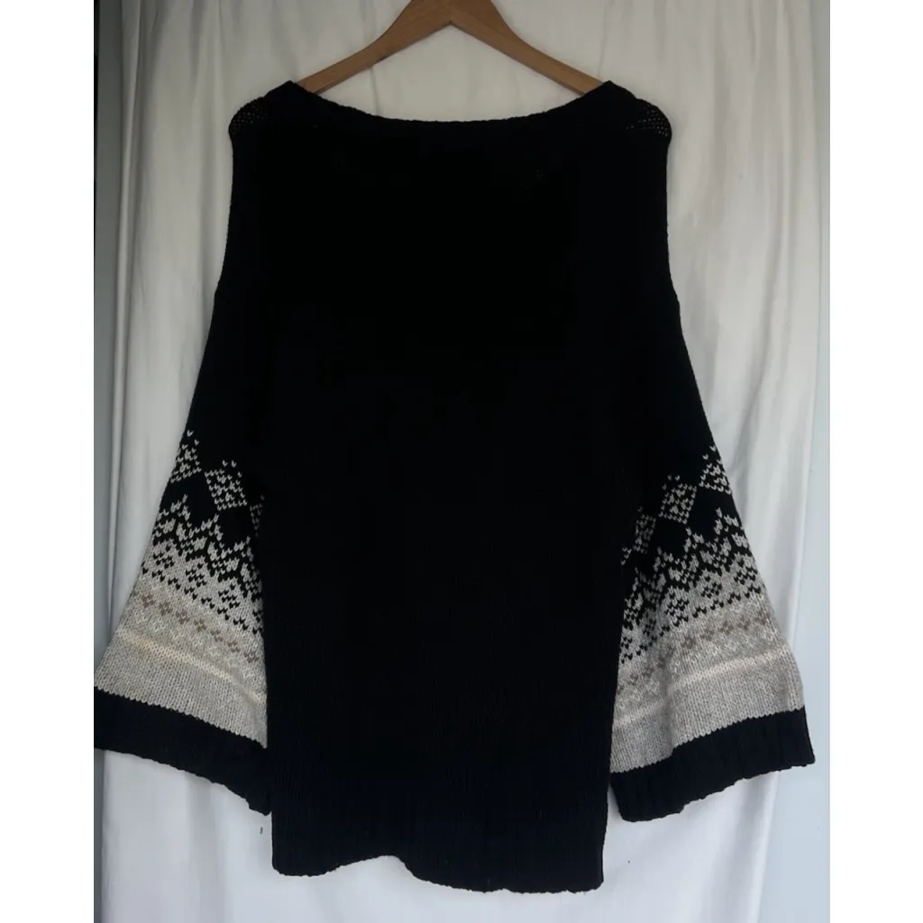 VTG Old Navy Black Knit Sweater Large Fair Isle Sleeve Kangaroo Pocket Lambswool - Image 3