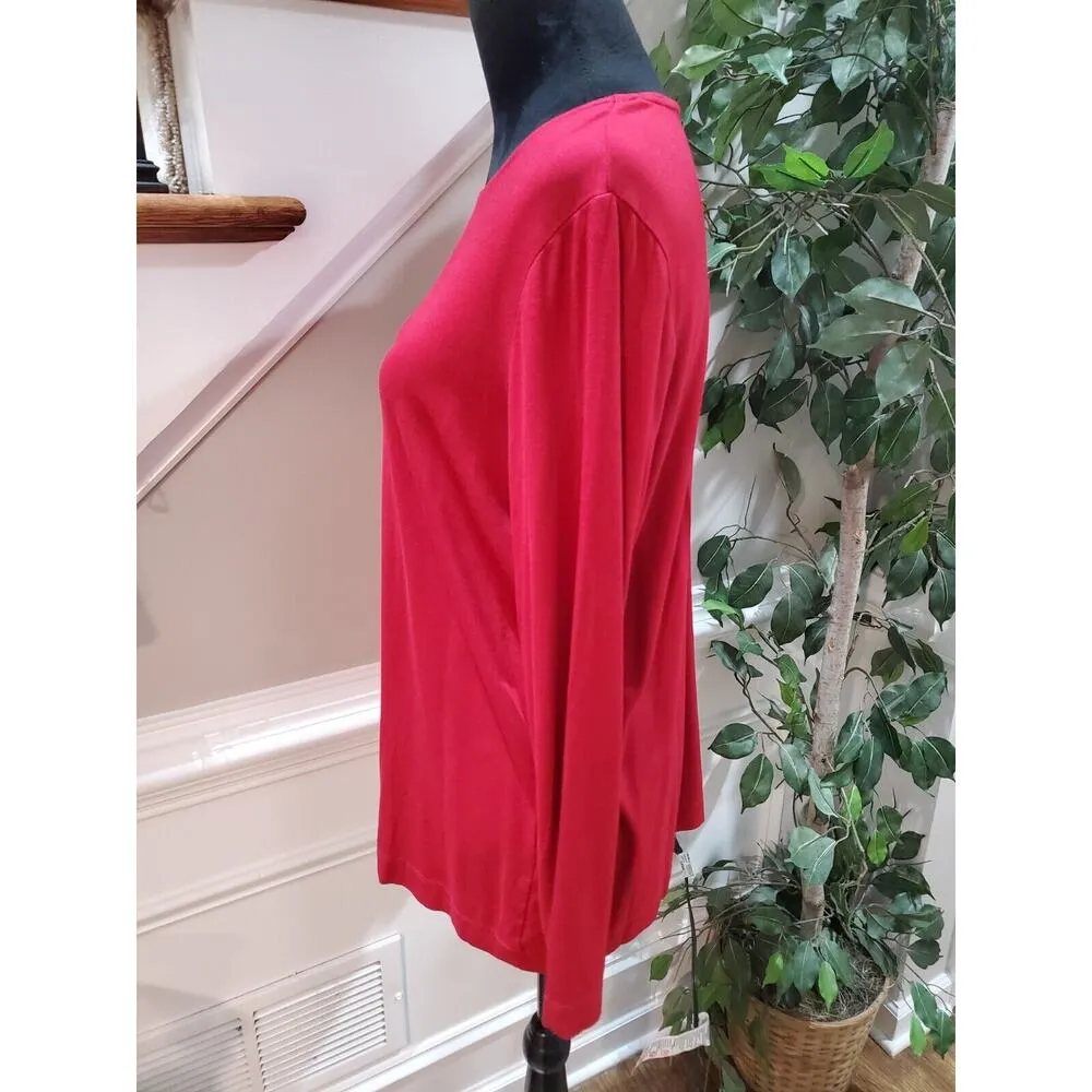 Chico's Women Red Solid Rayon Round Neck Long Casual Sleeve Top Shirt Size Large - Image 4