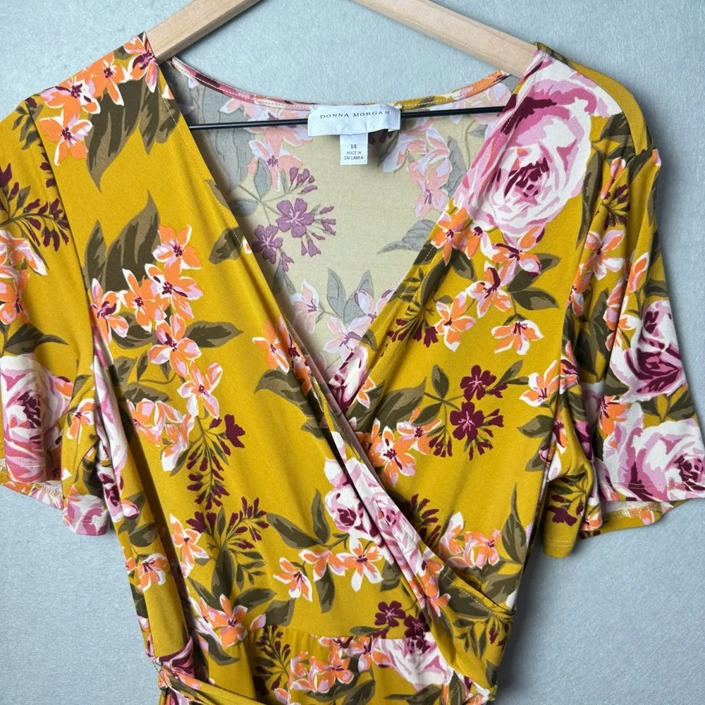 Donna Morgan Women’s Floral Print Yellow Dress Belted size 14 - Image 3