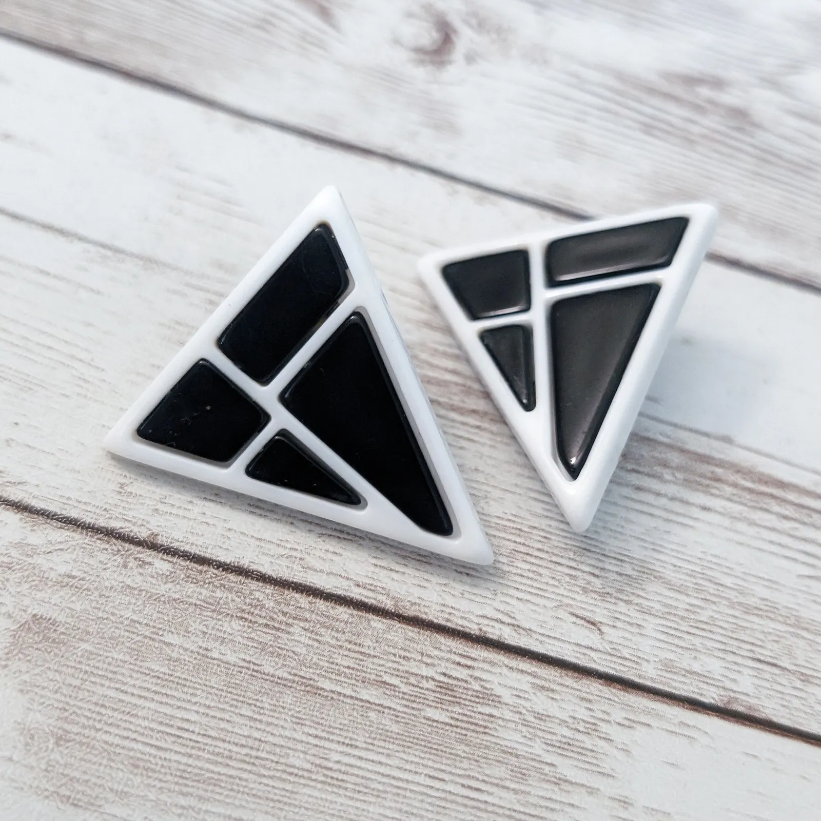 Vintage Clip On Earrings Black & White Large Retro Statement Triangle - Image 2