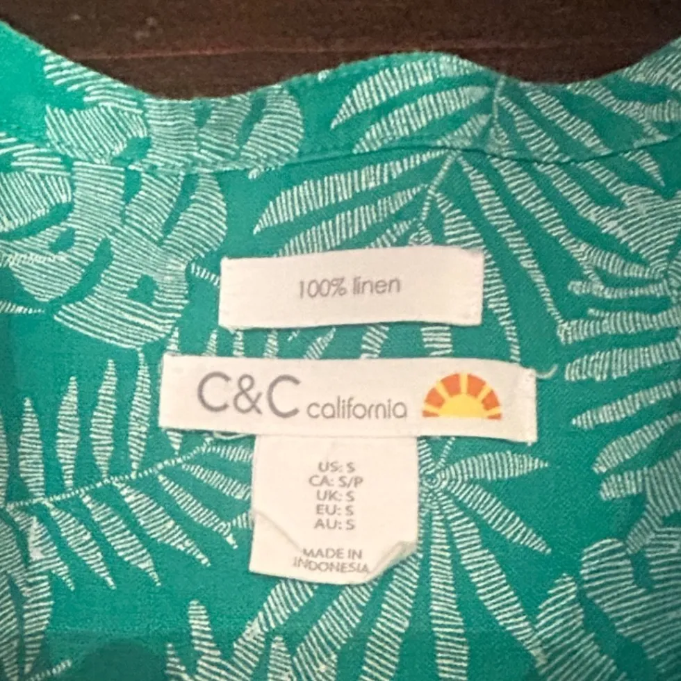 C&C California 100% Linen Button Up Top Shirt Palm Leaf Green Sm Coastal Cowgirl - Image 4