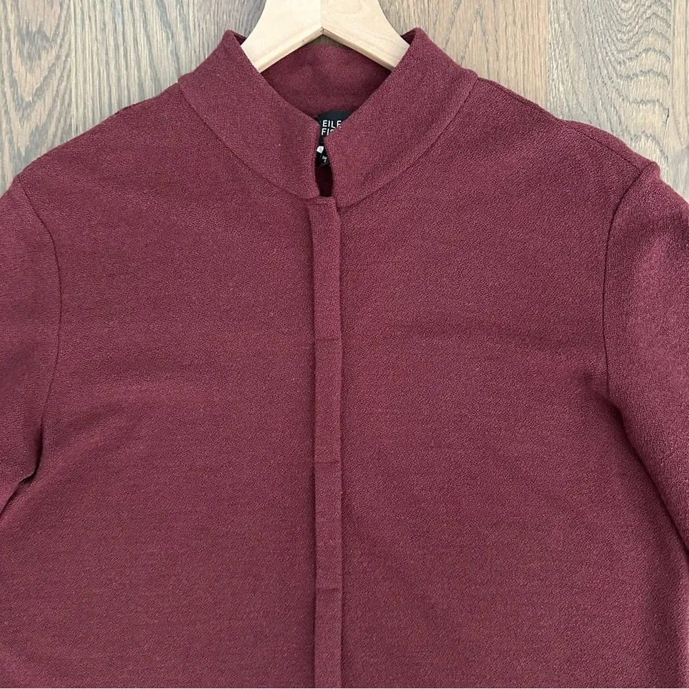 Eileen Fisher 100% Wool Boucle Knit Button Front Stand Collar Top in Cranberry S - Image 4