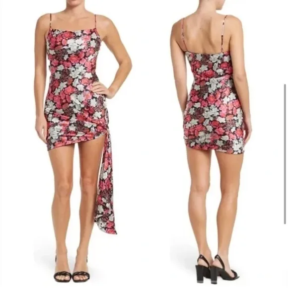 NWT Cinq a Sept Black Floral 100% Silk Mini Slip Dress w/ Side Tie Size 6 - Image 2