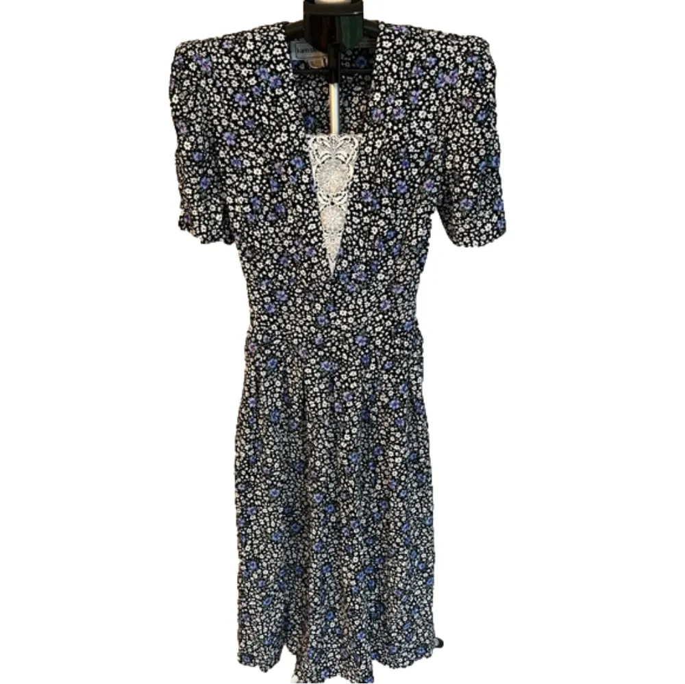 Karin Stevens vintage floral midi dress, lace inlay, size 10 EUC - Image 2