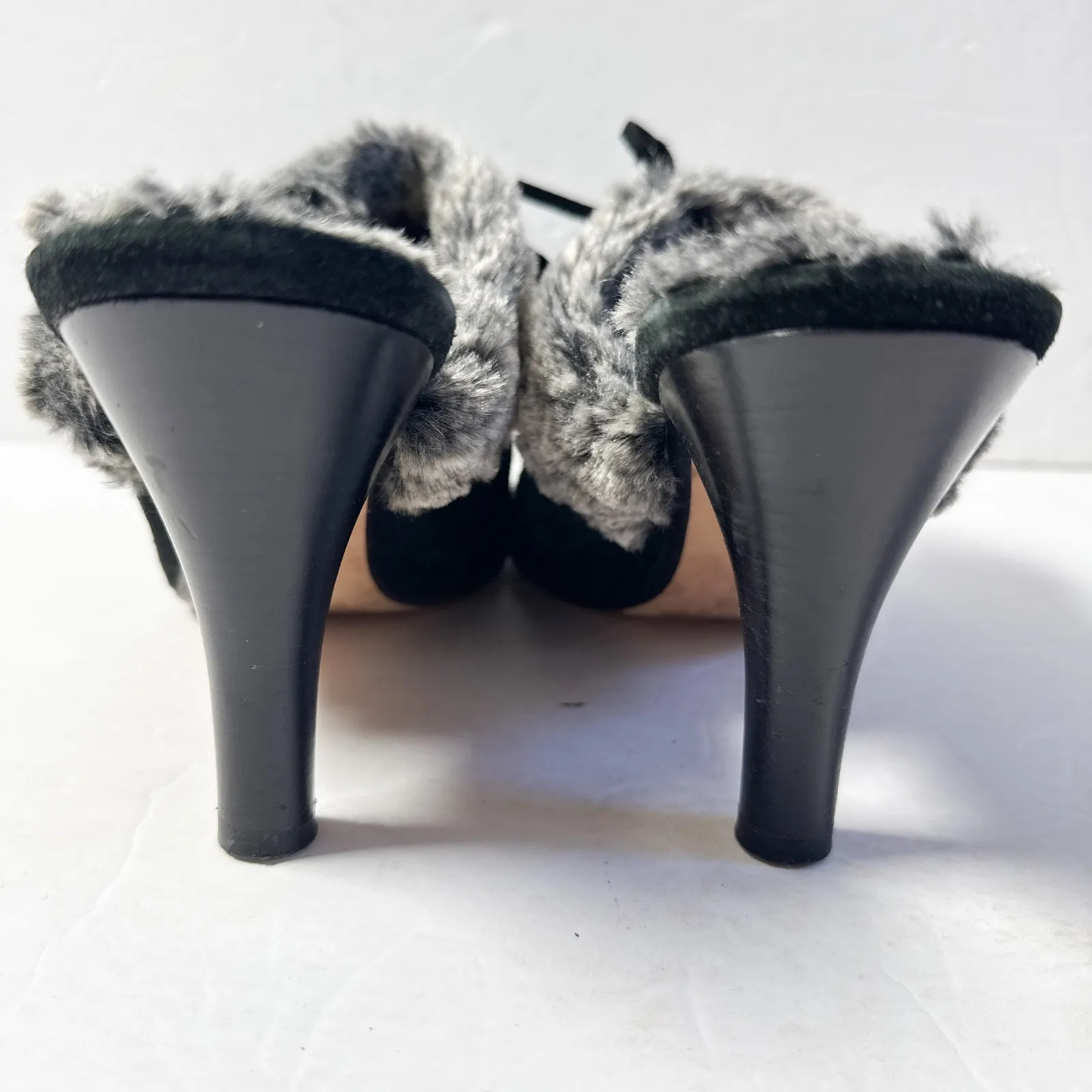 Vintage Anne Klein New York Black Suede Faux Fur Mule Heels Italy 90s Y2K 9.5 - Image 5