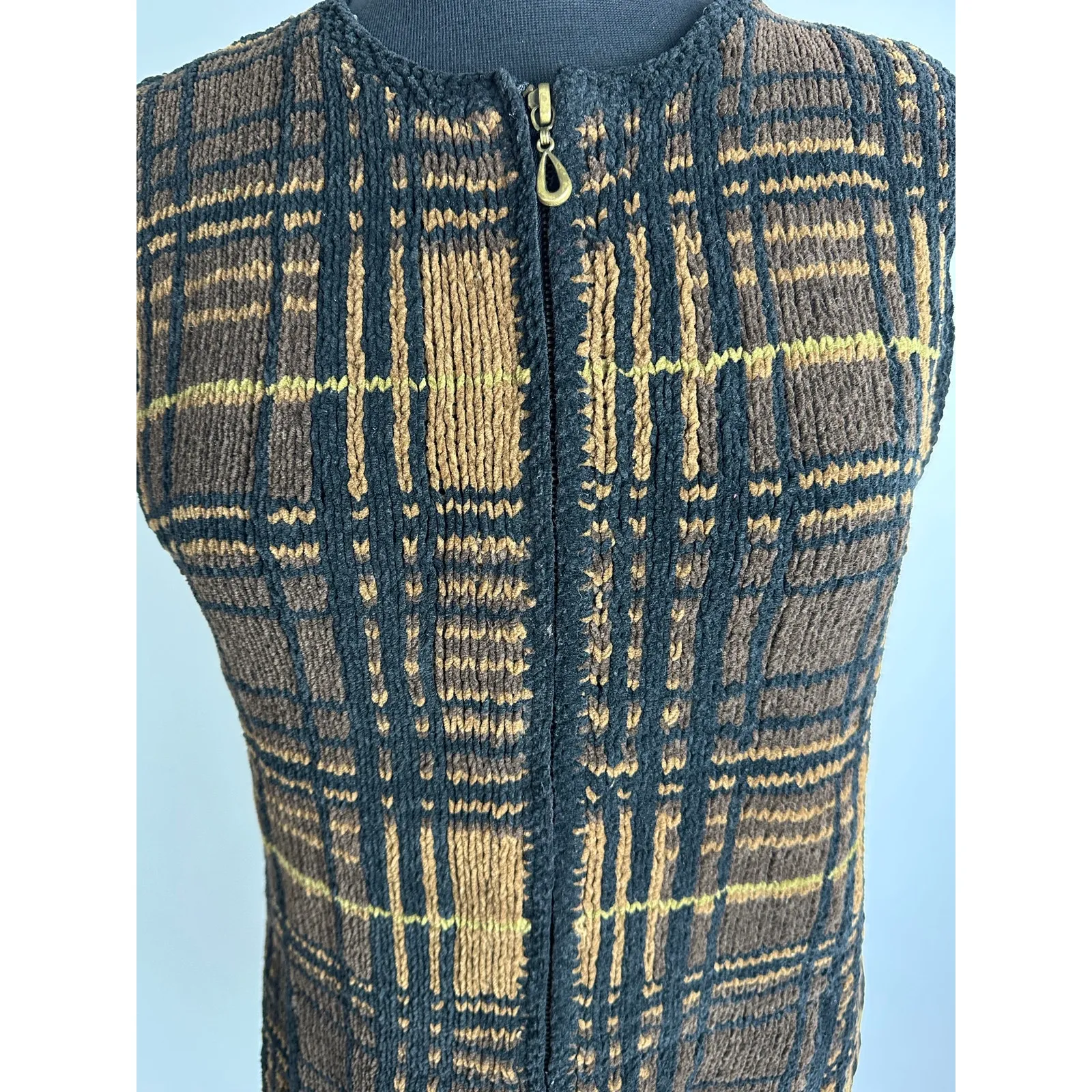 Vintage Harold's Size Large Woven Knit Vest Black Brown Full Zip Retro Hipster - Image 6