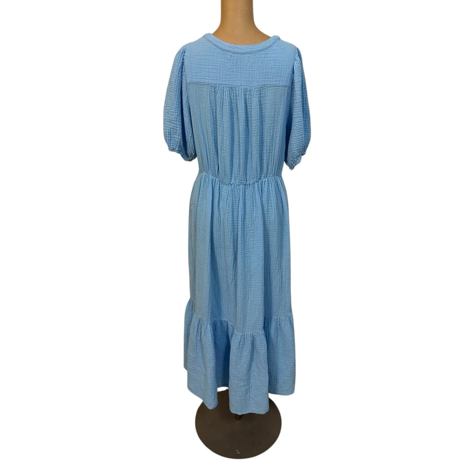 Xirena Midi Dress Lennox Cyprus Blue Cotton Button Front Tier Puff Sleeve Small - Image 5