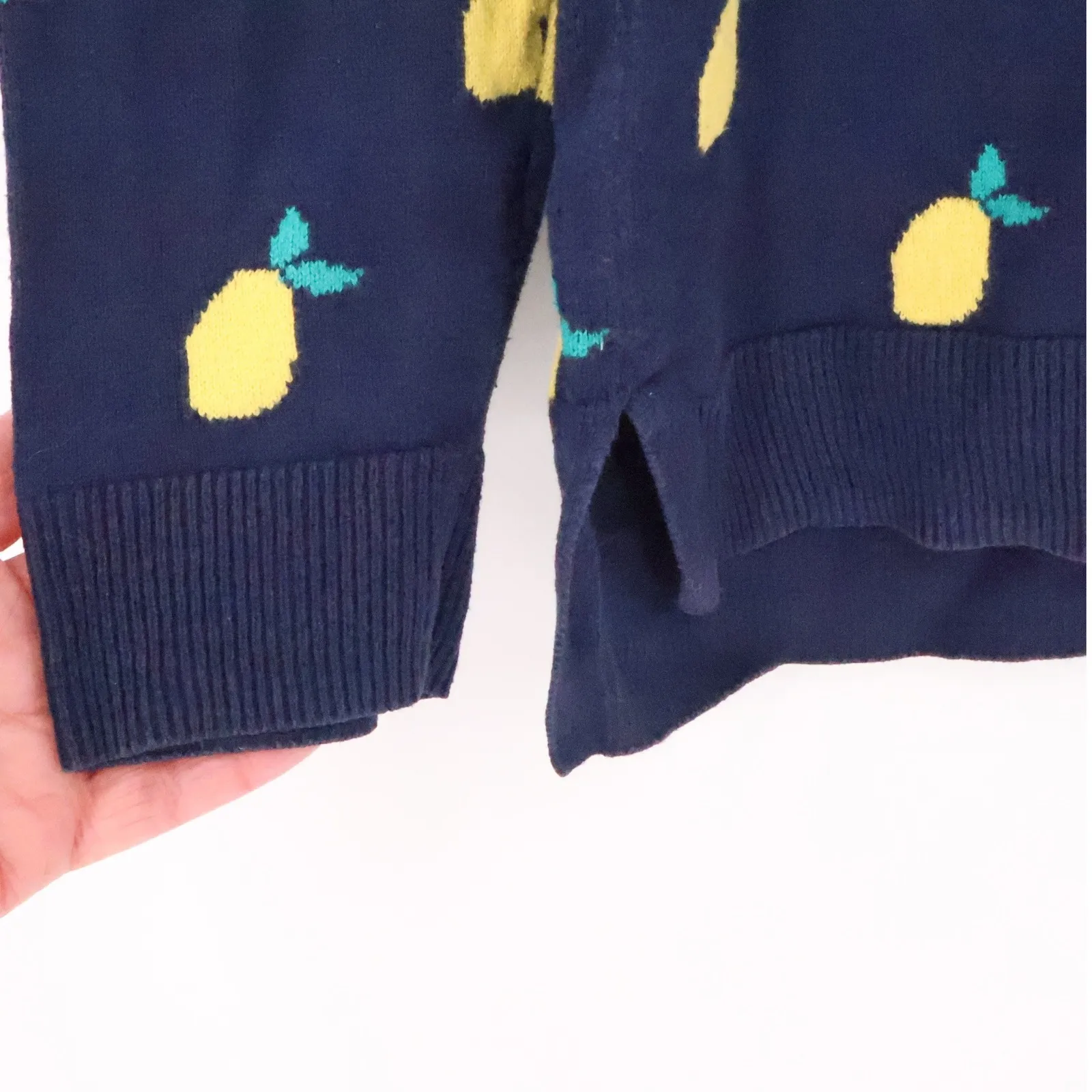 Old Navy Lemon Print Sweater Womens Preppy Navy Blue Cotton Crewneck Size S - Image 3