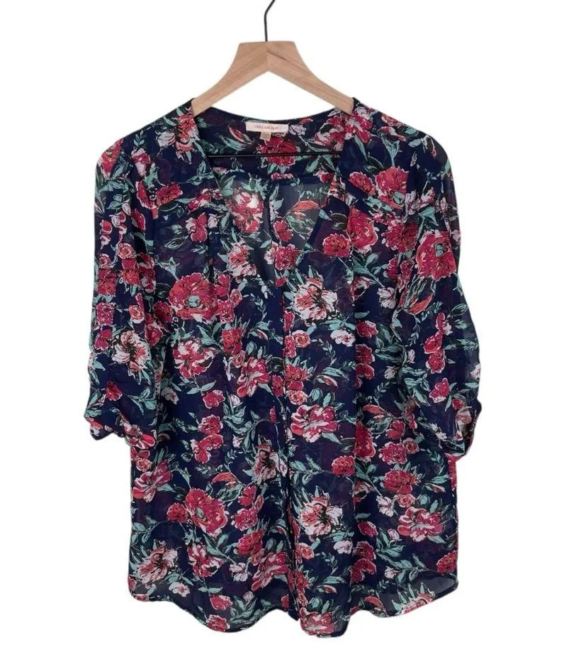 Skies Are Blue Mayven V-Neck Blouse Women's Size XL Navy Blue Pink Floral Sheer - Image 2