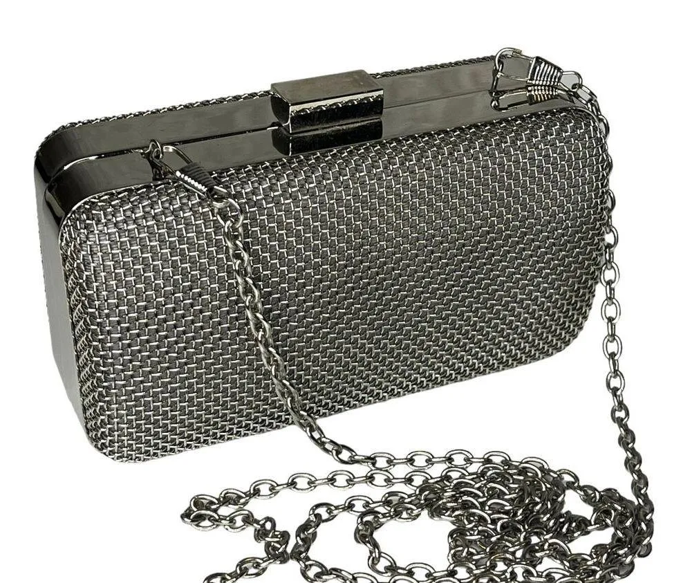 Bebe USA Metal Frame Fashion Clutch HANDBAG Purse Silver Shoulder Chain Strap - Image 8