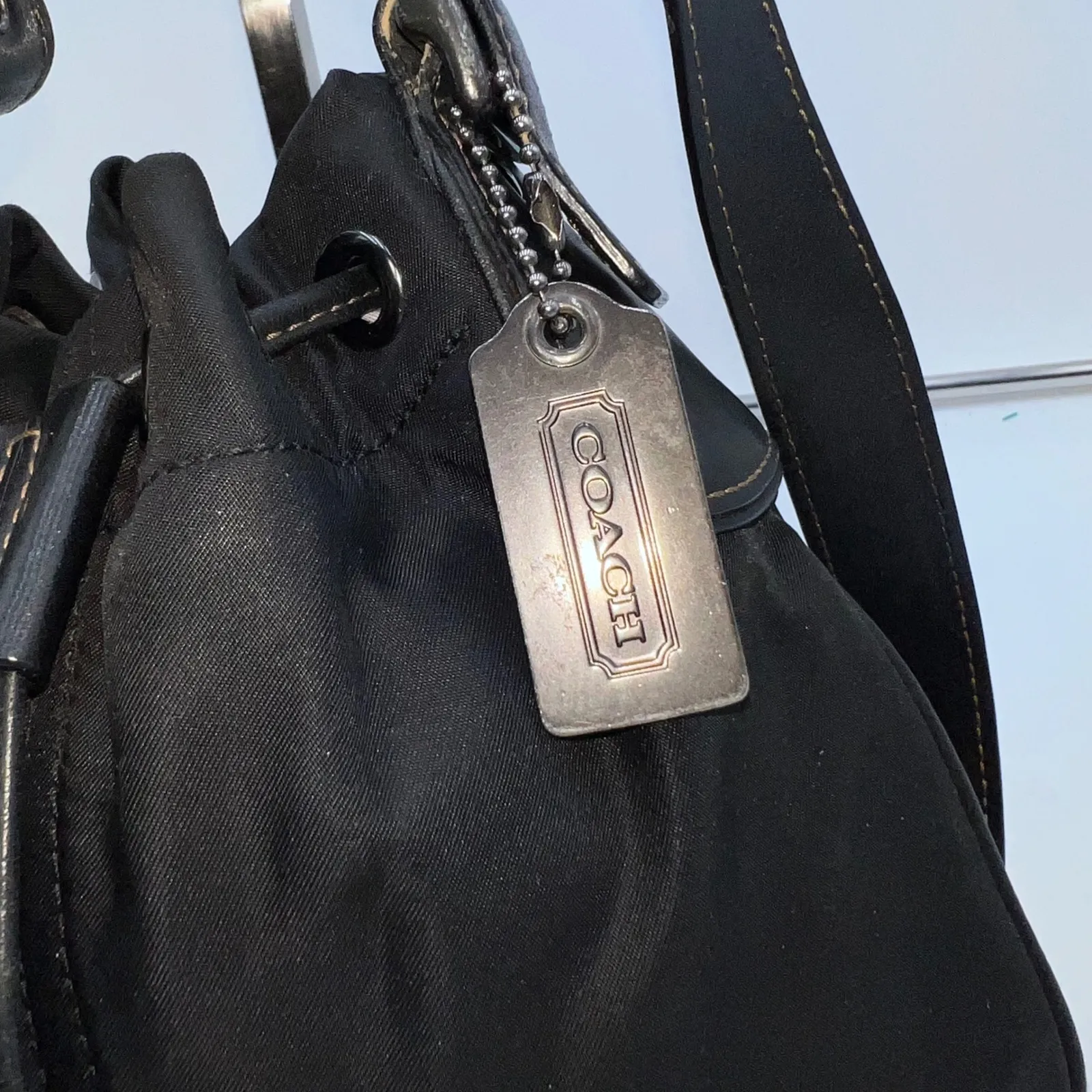 Coach  Black Nylon Leather Trim Drawstring Bucket Shoulder Bag Purse Hobo - Image 5