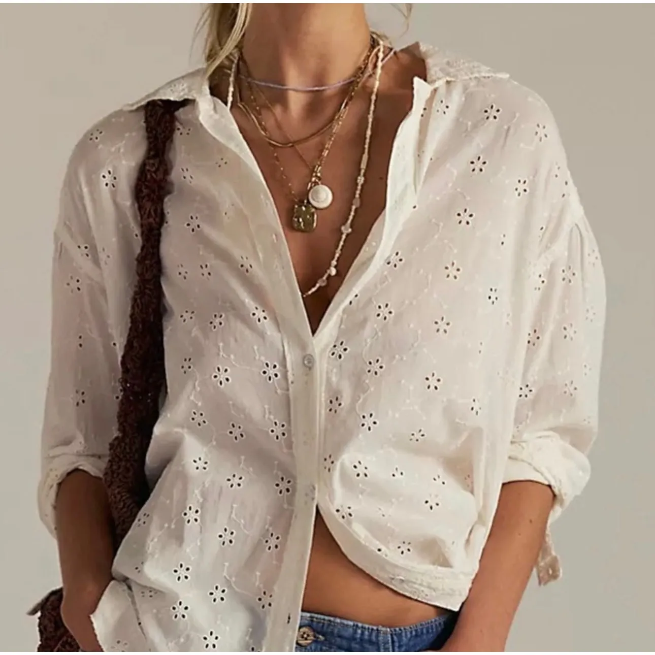 Free People Dainty Ethereal Cottage Mae Washed Eyelet Shirt in White Size XL - Image 3