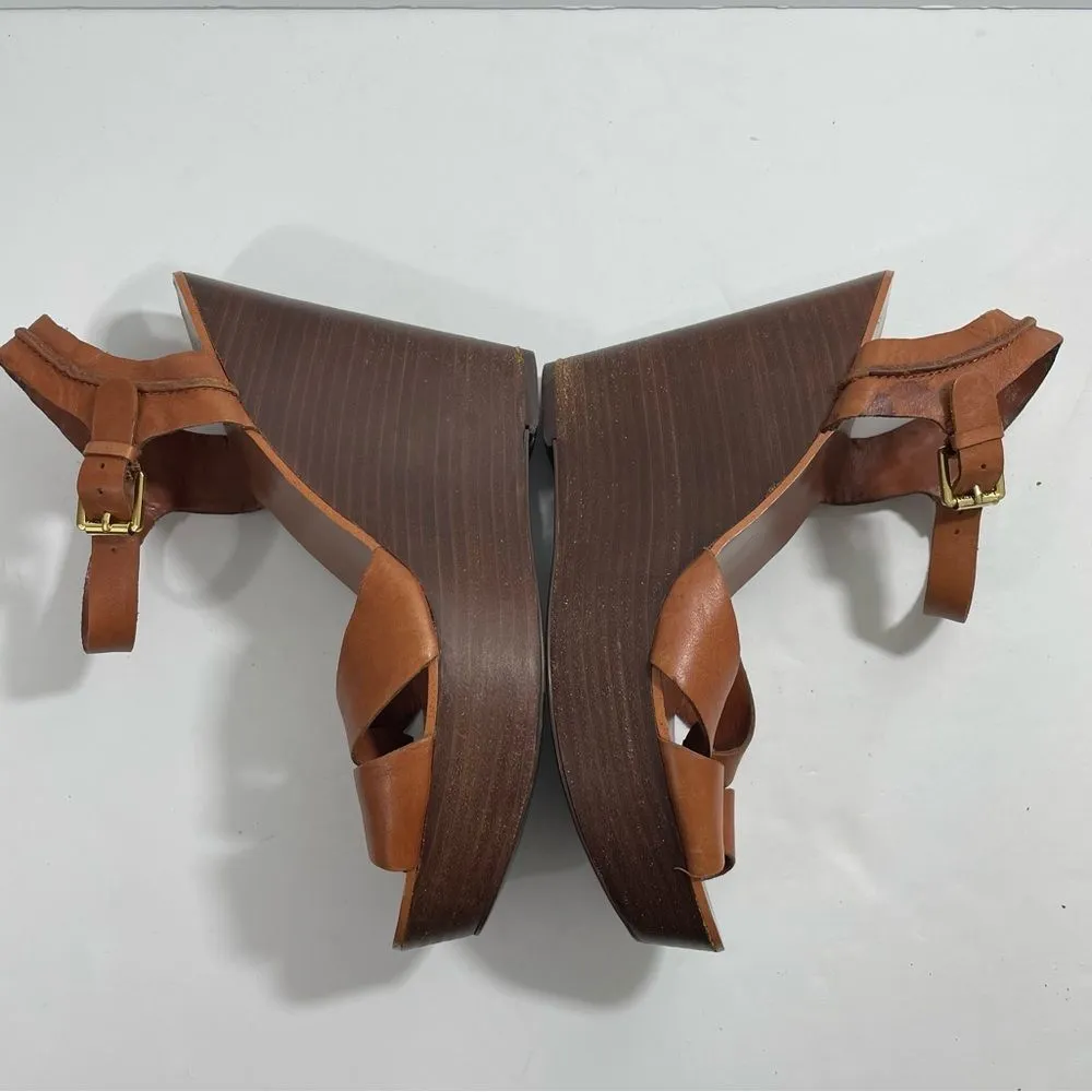 Lauren Ralph Lauren Deidre Brown Leather Platform Wedge Heel Sandals 10B‎ Shoes - Image 7