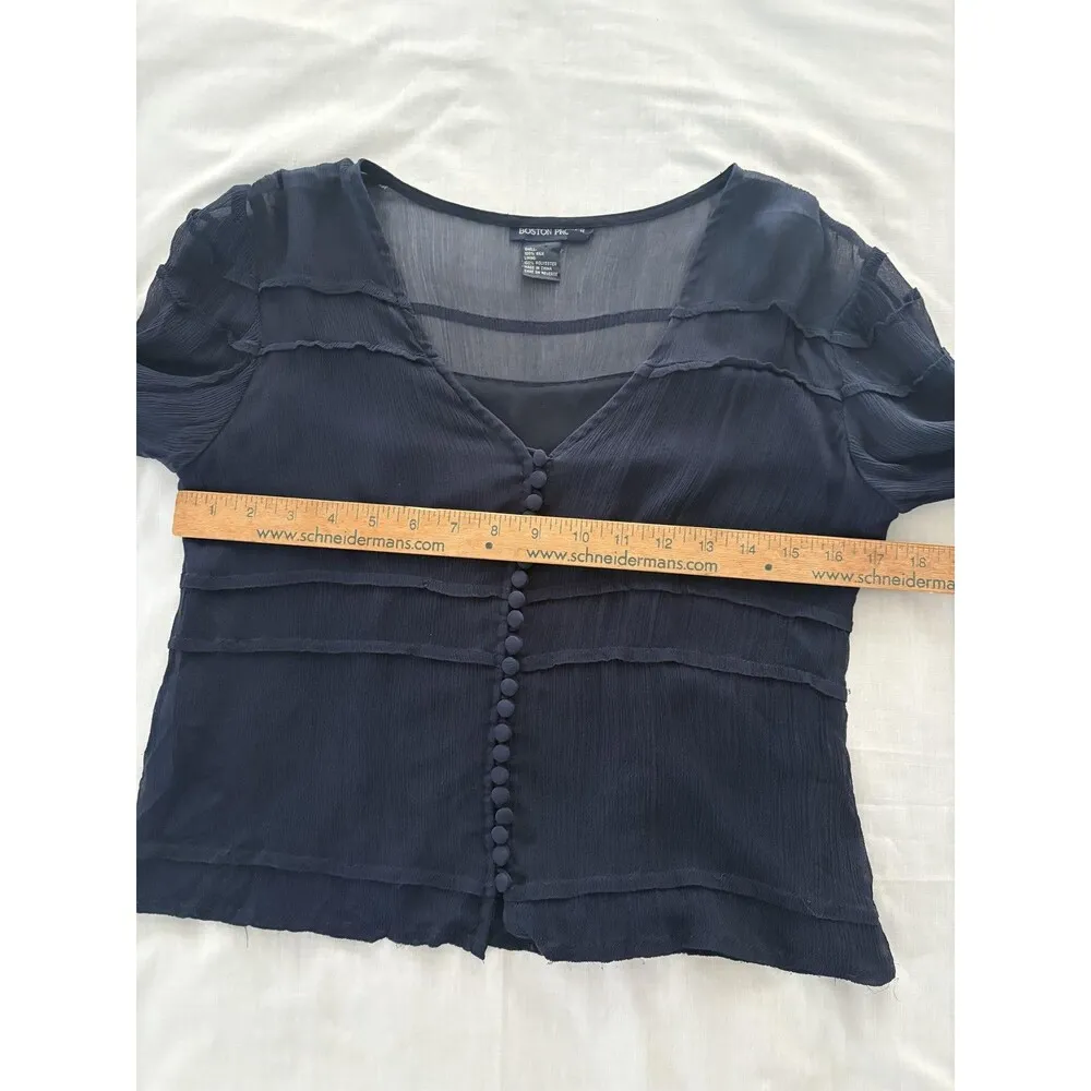 Boston Proper Blouse Womens 4 Navy Blue Silk Sheer Button Front Whimsy Luxury - Image 13