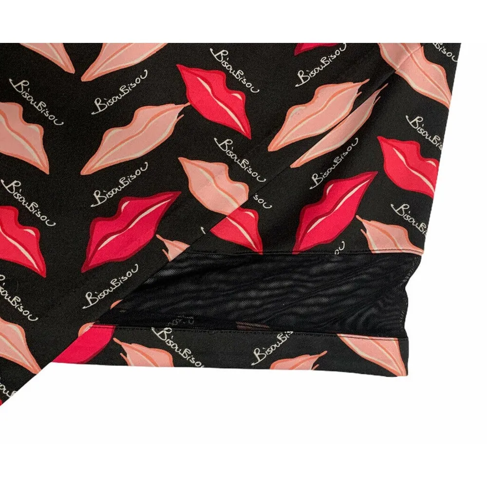 Bisou Bisou Black Pencil Skirt Lips Print Mesh Detail Asymmetrical Bodycon XL - Image 3