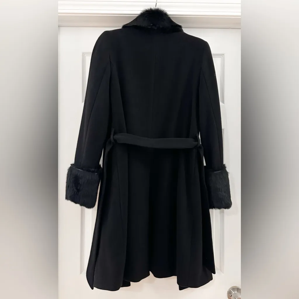 Vintage Lord & Taylor Wool Blend Knee length Belted Coat Rabbit Fur Trim Black Size XS - Image 7