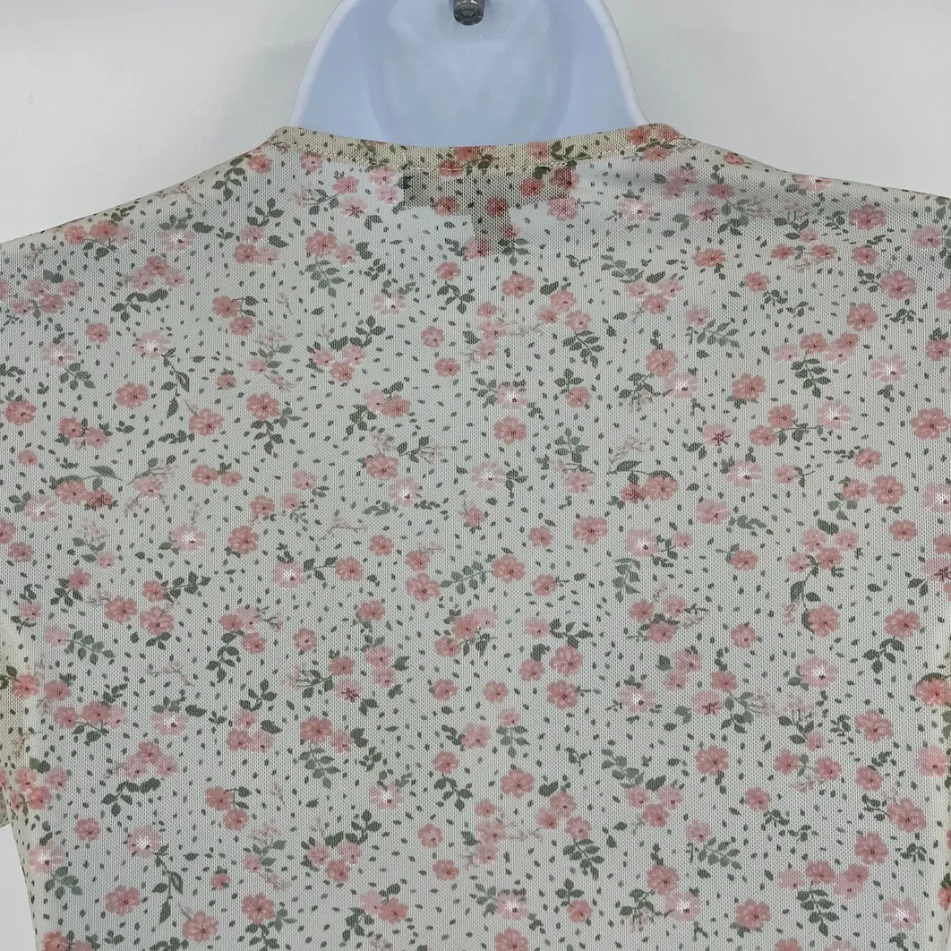 Coquette Y2K Mini Floral Mesh Top Sz M Deep V Ruch Festival Crop Cottage Fairy Green Size M - Image 8