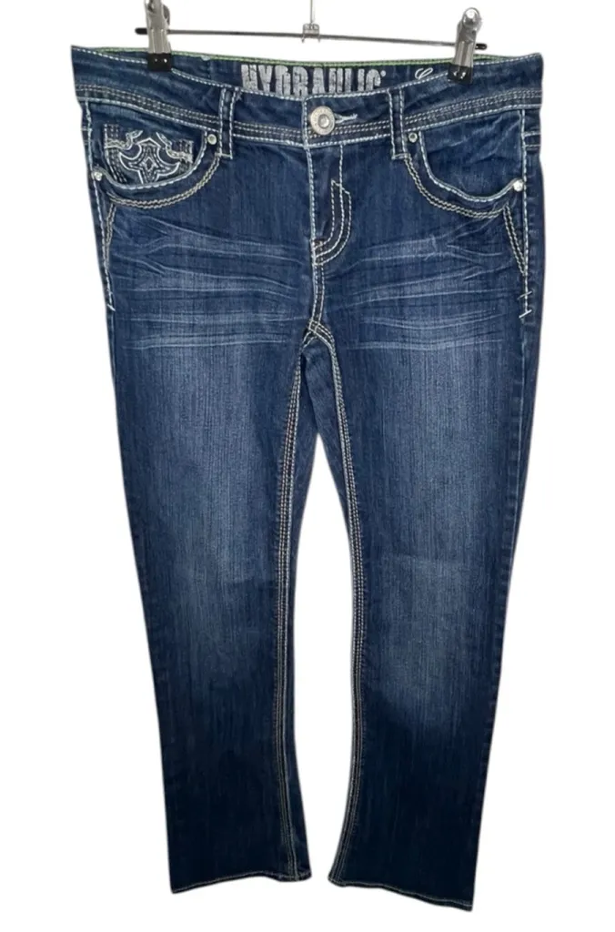 Hydraulic Slim Bootcut Dark Wash Contrast Stitch Jeans With Embellished Pockets - Image 1