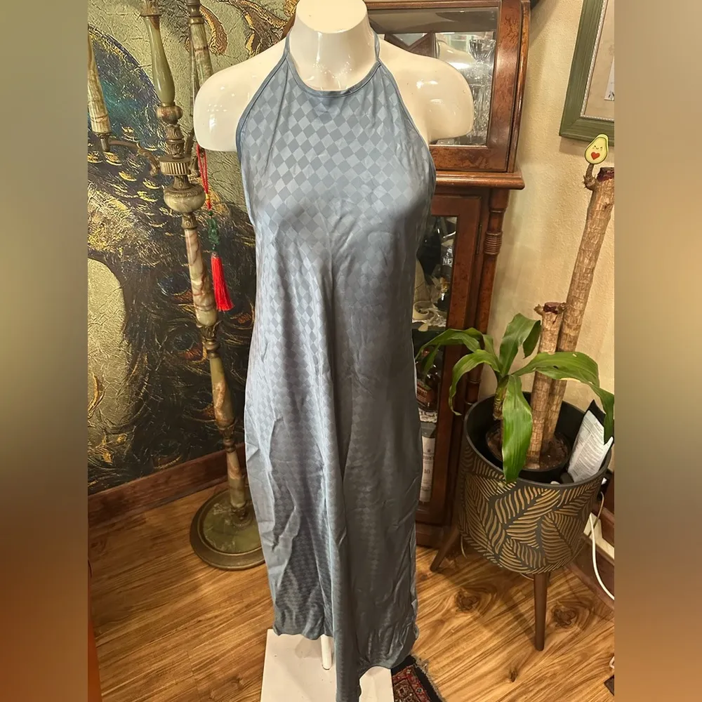 EUC House of Harlow 1960 Blue/SILVER SATIN DIMONS PATTERN Halter Maxi Dress Blue Size L - Image 2