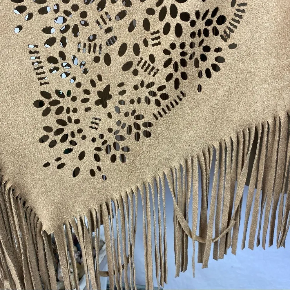 Brown Faux Suede Fringe Laser Cutout Trim Pancho Size undefined - Image 5